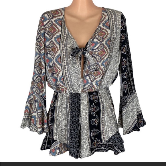 Leith Paisley Mixed Print Tie Front Bell Sleeve Romper Size S - Picture 2 of 2